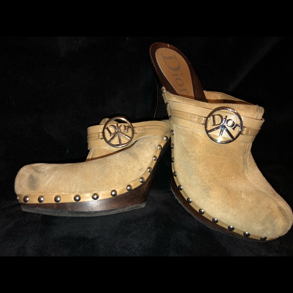 Tan Women's Suede Wood High Heel Mules/Slides